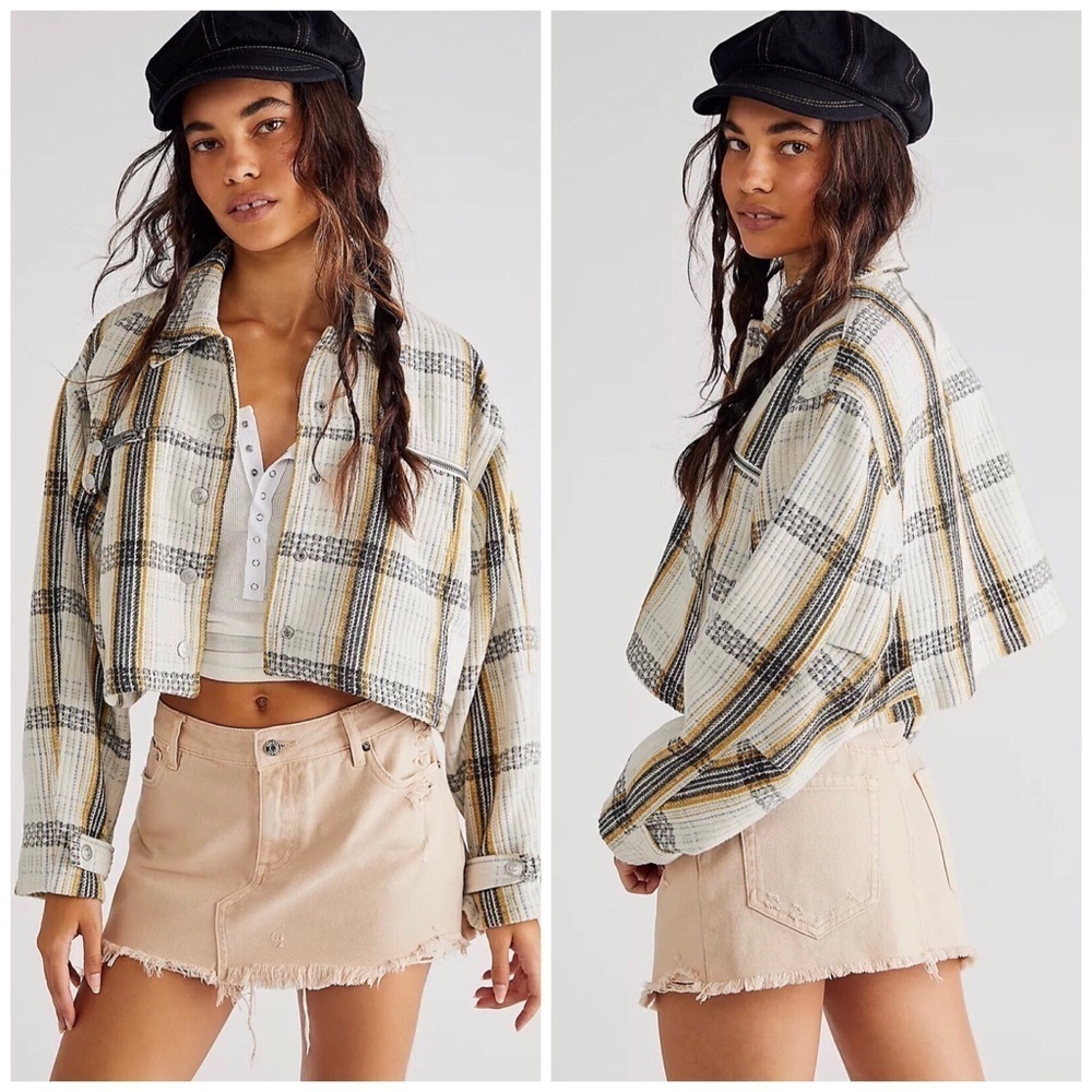 FREE PEOPLE Swing Flight Plaid Cropped Wool Blend Jacket L